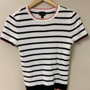 Worthington Black & White Striped Ribbed Top w/ Pink Trim Size S
